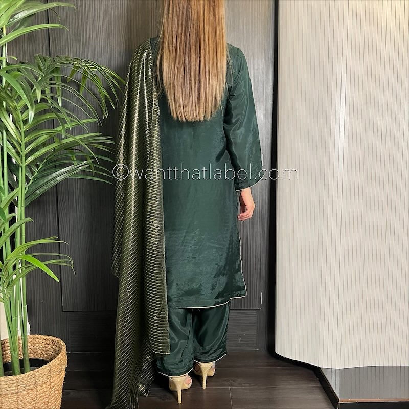Bottle Green Hand Embroidered Cotton Silk Suit