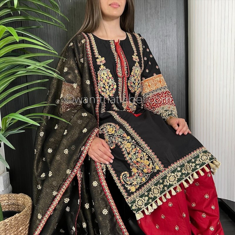 Karma Original Black Red Heavily Embroidered Kameez Suit