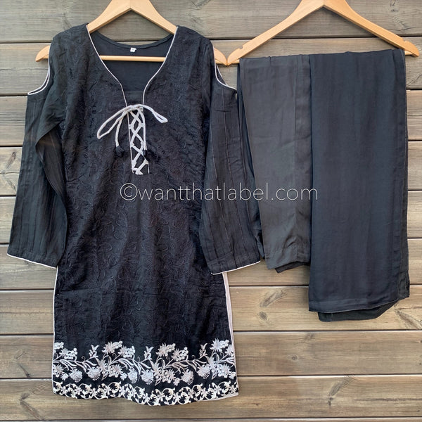 Areeba Saleem Original Black Cut Out Shoulder Embroidered Suit