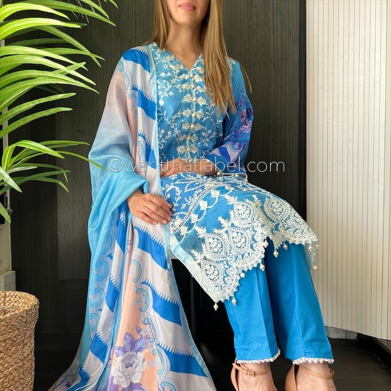 Crimson Inspired Blue Ombre Embroidered Chickankari Lawn Suit