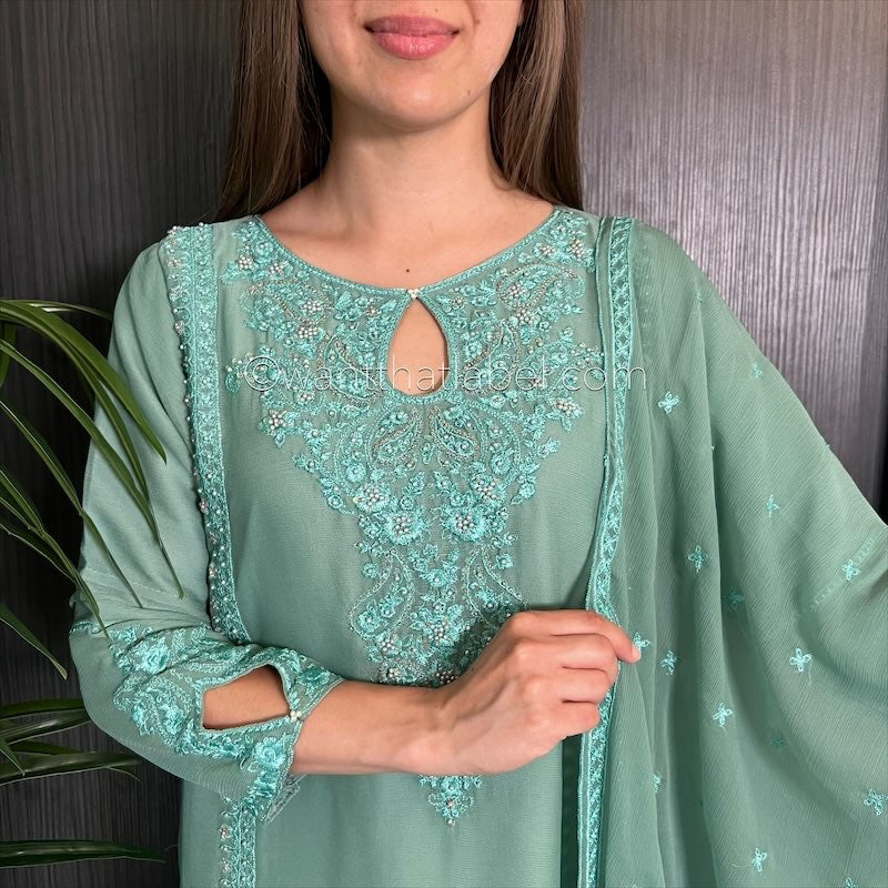 Mint Hand Embroidered Chiffon Suit