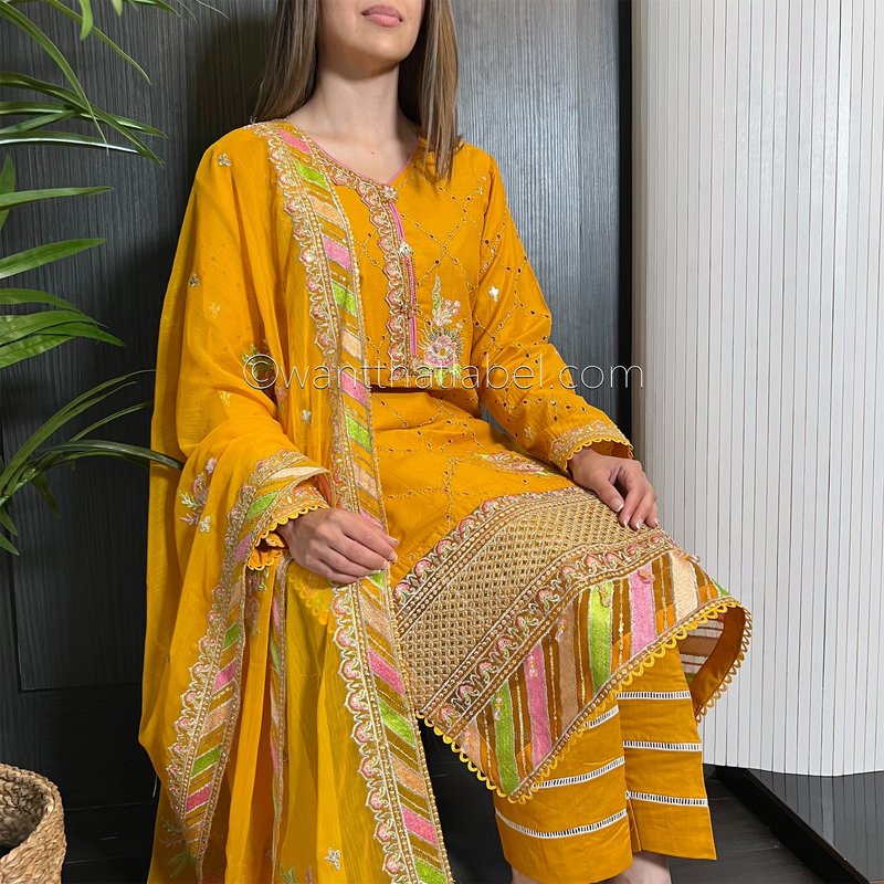 Mustard Heavily Embroidered Chickankari Suit