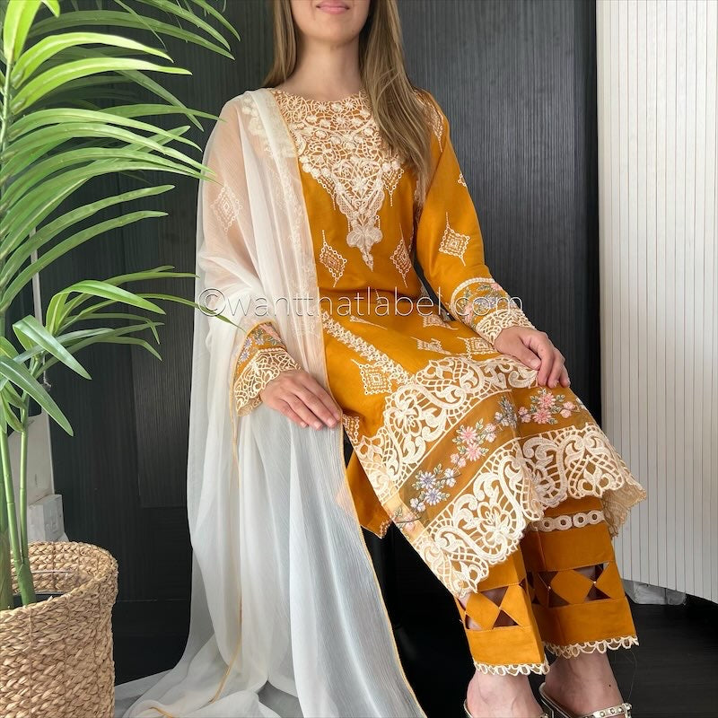Crimson Inspired Mustard White Embroidered Chickenkari Lawn Suit