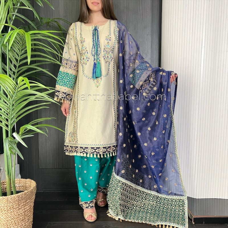 Karma Original Beige Blue Heavily Embroidered Kameez Suit