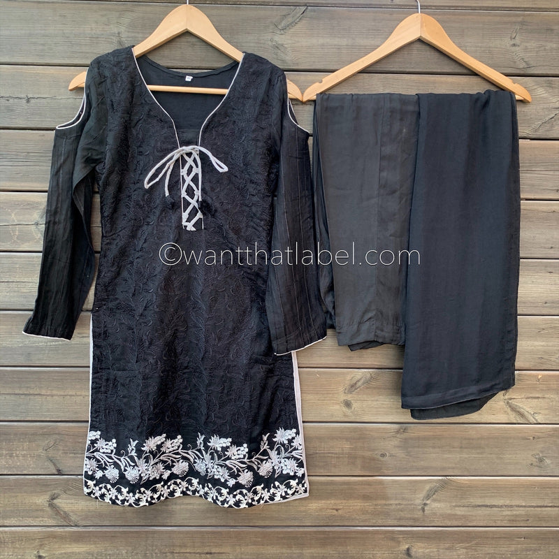 Areeba Saleem Original Black Cut Out Shoulder Embroidered Suit