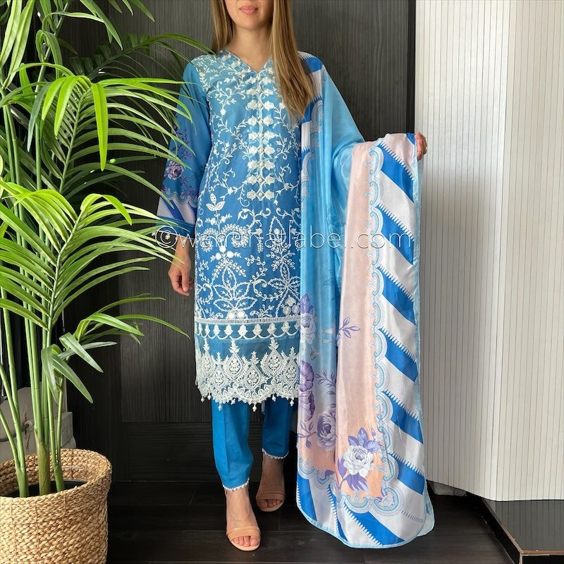 Crimson Inspired Blue Ombre Embroidered Chickankari Lawn Suit