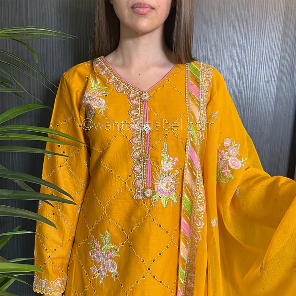 Mustard Heavily Embroidered Chickankari Suit