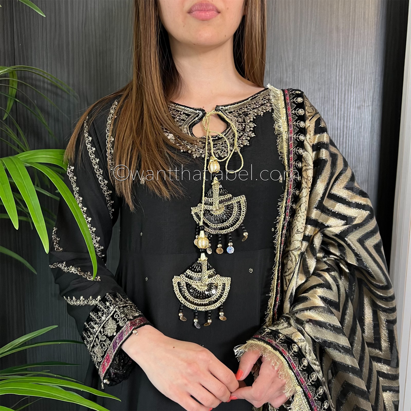 Maria B Inspired Black Gold Embroidered Maxi Dress Suit