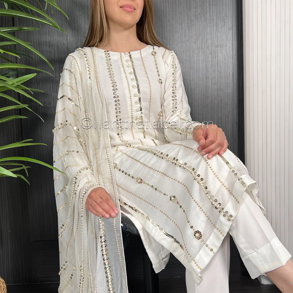 Ivory Gold Sequin Pearl Embroidered Chiffon Suit