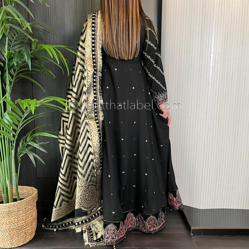 Maria B Inspired Black Gold Embroidered Maxi Dress Suit