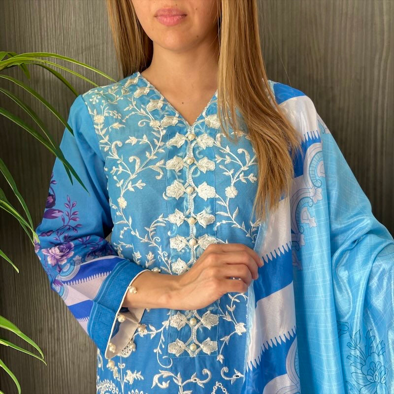 Crimson Inspired Blue Ombre Embroidered Chickankari Lawn Suit