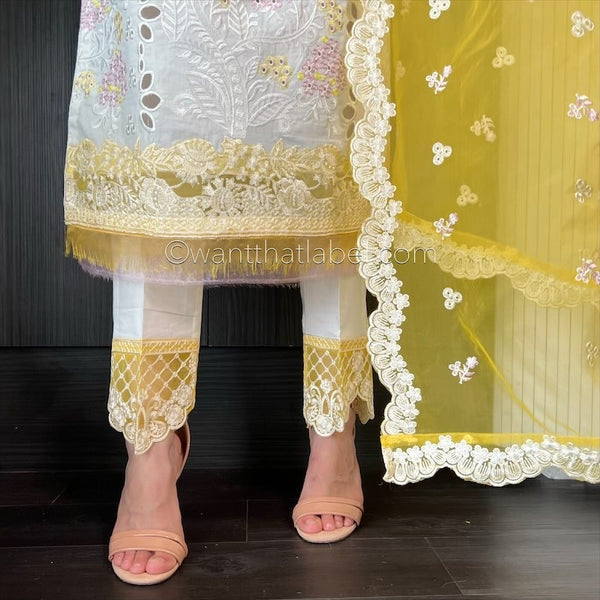 Crimson Inspired White Yellow Embroidered Chickankari Lawn Suit