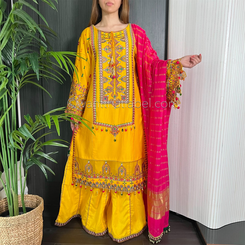 Karma Original Yellow Heavily Embroidered Sharara Suit