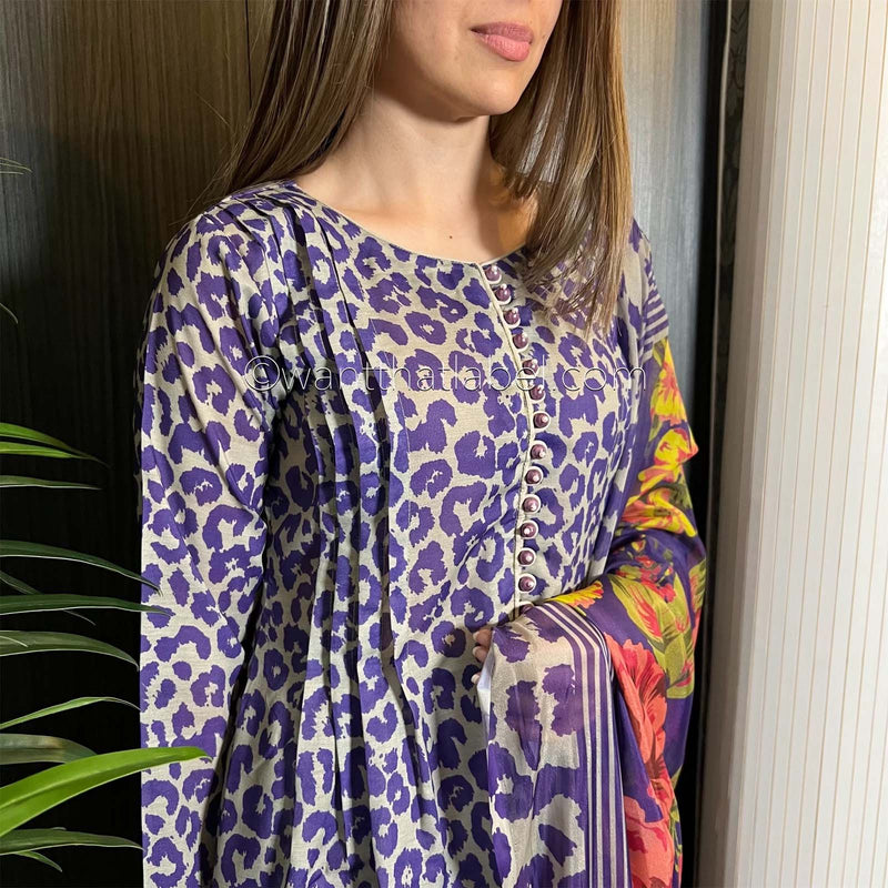 Purple Leopard Peplum Cotton Dress Khadi Net Suit