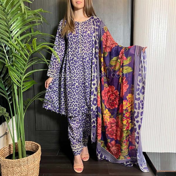 Purple Leopard Peplum Cotton Dress Khadi Net Suit