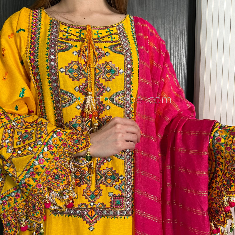 Karma Original Yellow Heavily Embroidered Sharara Suit
