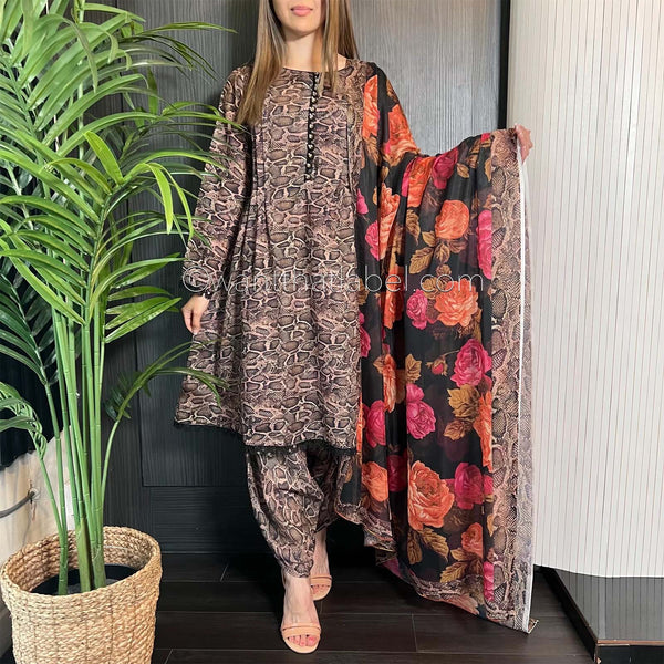 Brown Snake Peplum Cotton Dress Khadi Net Suit