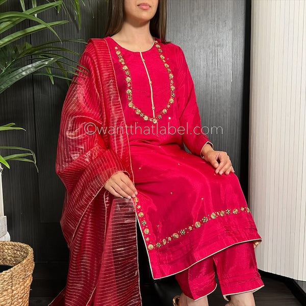Crimson Pink Hand Embroidered Cotton Silk Suit