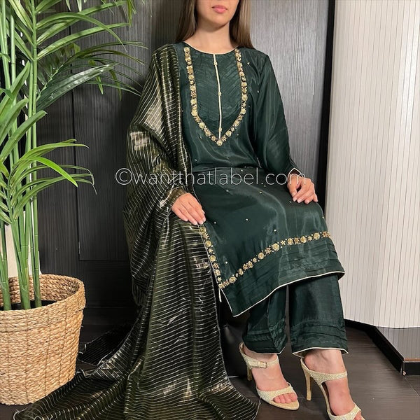 Bottle Green Hand Embroidered Cotton Silk Suit