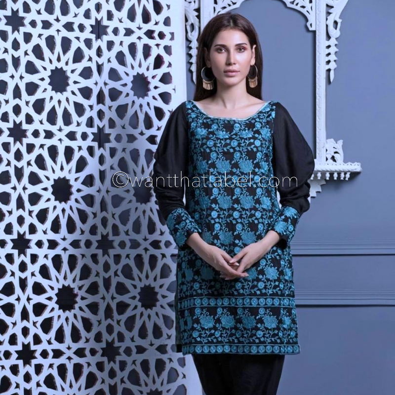 Areeba Saleem Original Black Blue Embroidered Suit