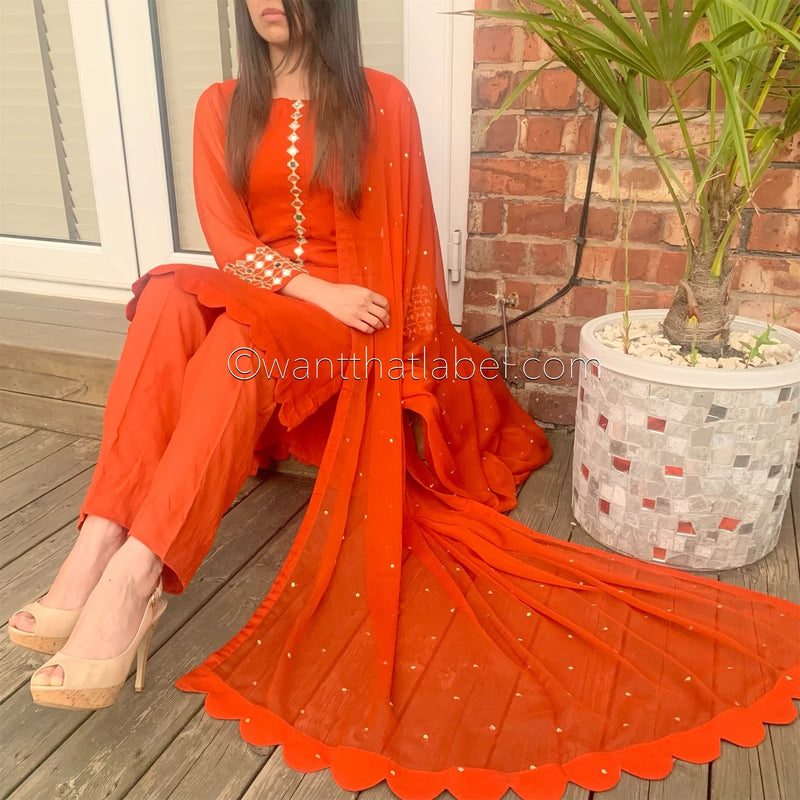 Sheesh Mahal Burnt Orange Mirror Embroidered Suit