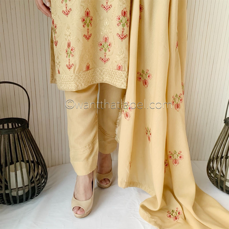 Bareeze Beige Heavily Embroidered Shawl Suit