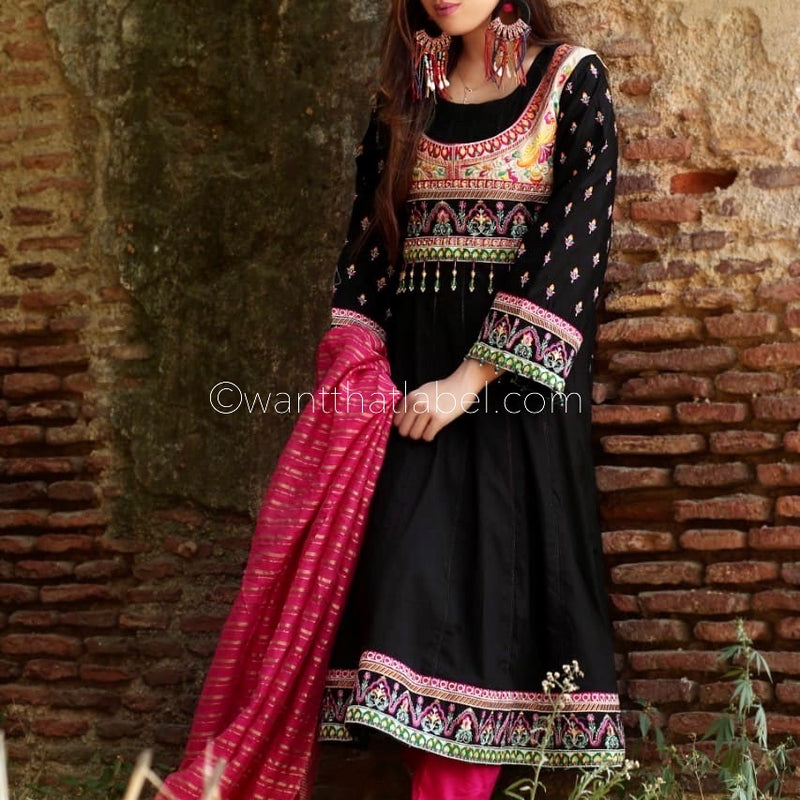 Black Embroidered Cotton Waist Coat Midi Dress Suit