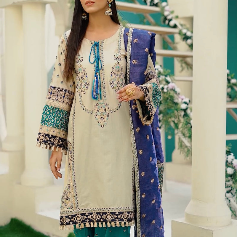 Karma Original Beige Blue Heavily Embroidered Kameez Suit