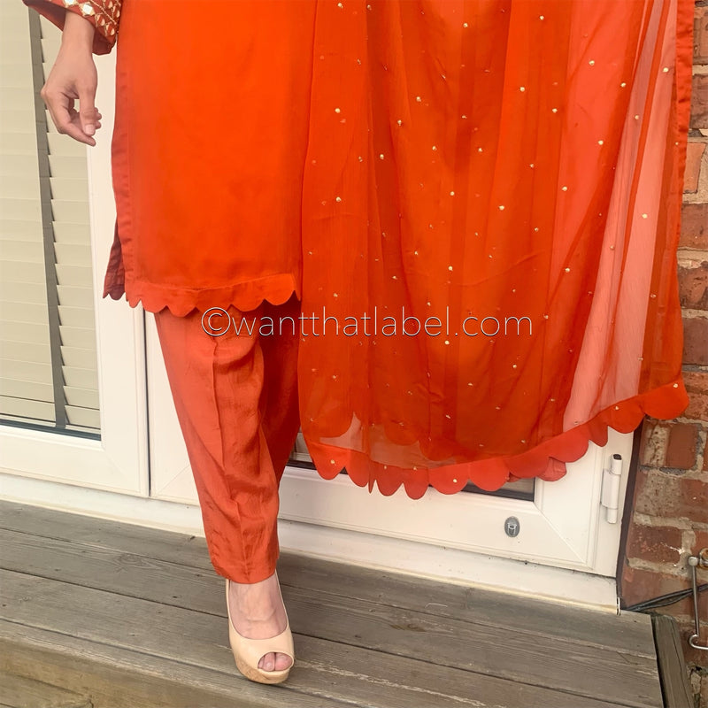 Sheesh Mahal Burnt Orange Mirror Embroidered Suit