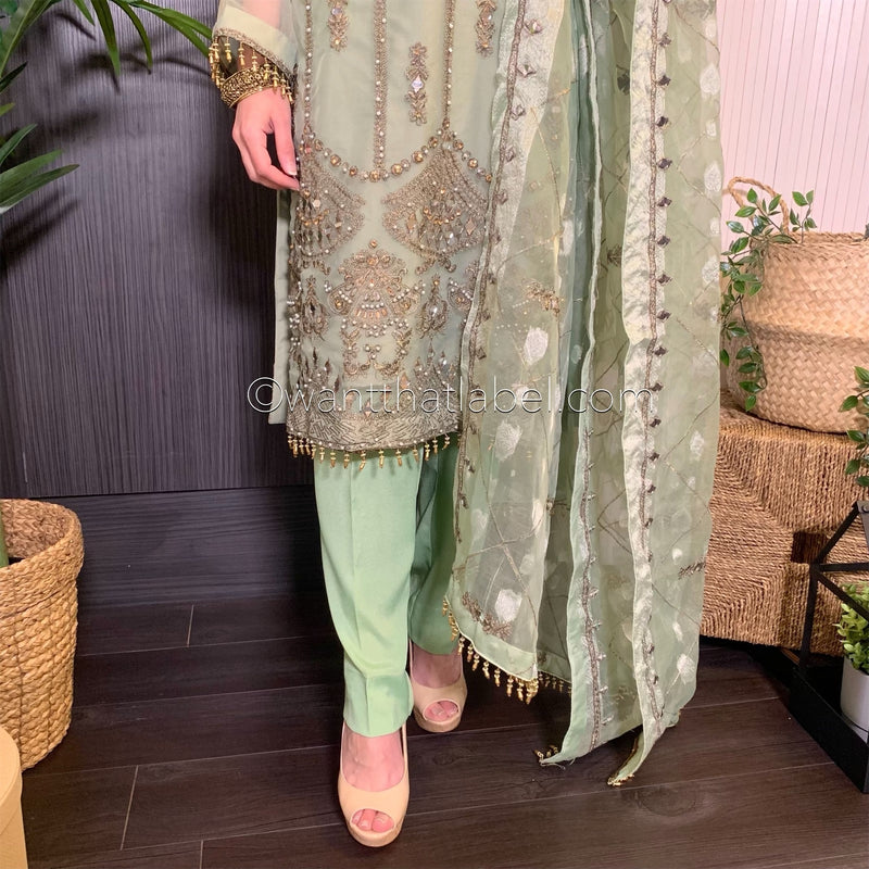 Green Heavily Mirror Embroidered Organza Suit