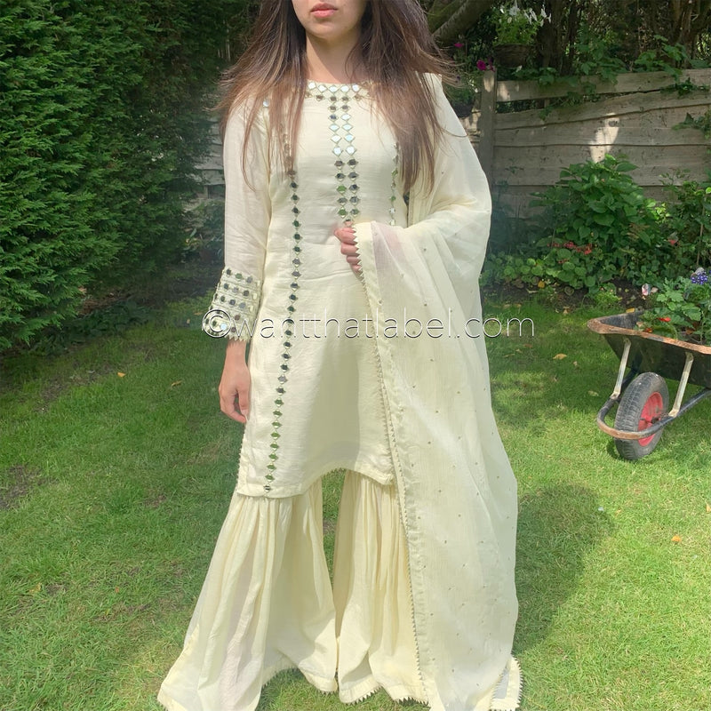 Sheesh Mahal Ivory Heavily Mirror Embroidered Garara Suit