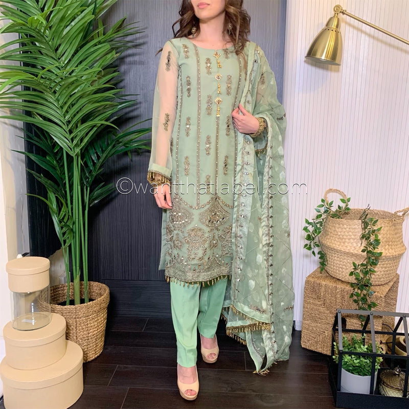 Green Heavily Mirror Embroidered Organza Suit