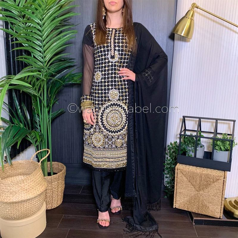 Black Gold Embroidered Chiffon Suit