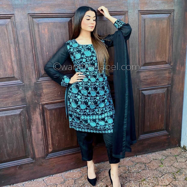 Areeba Saleem Original Black Blue Embroidered Suit