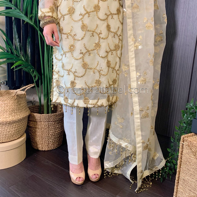 Ivory Gold Embroidered Organza Suit
