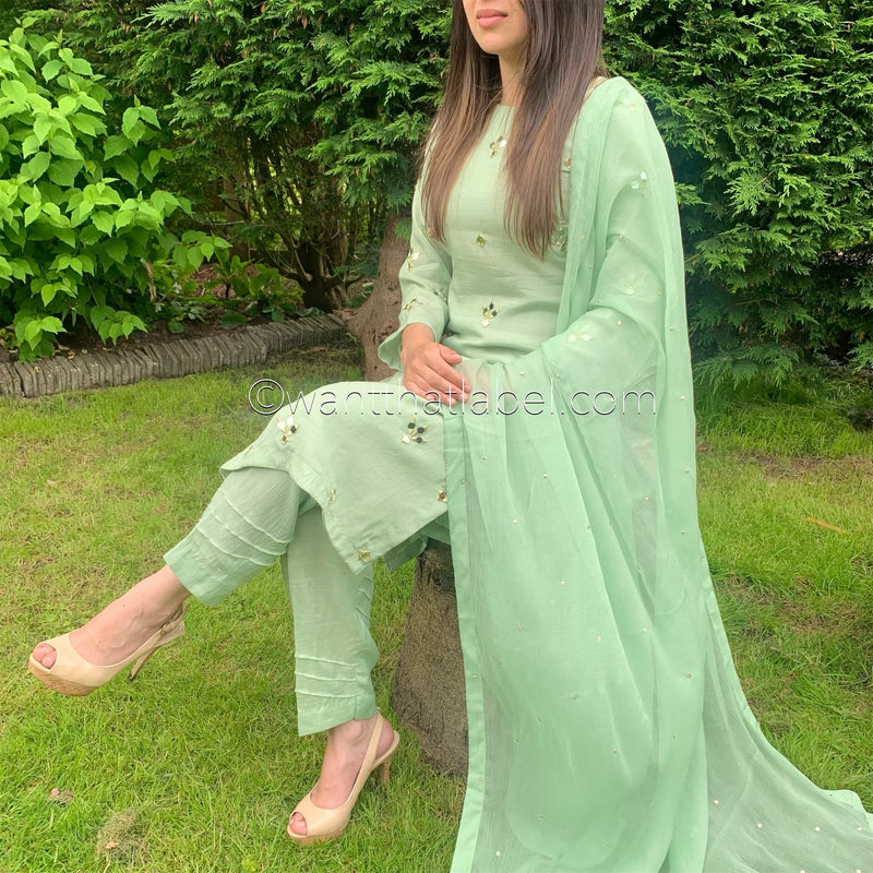 Sheesh Mahal Green Gold Mirror Embroidered Trouser Suit