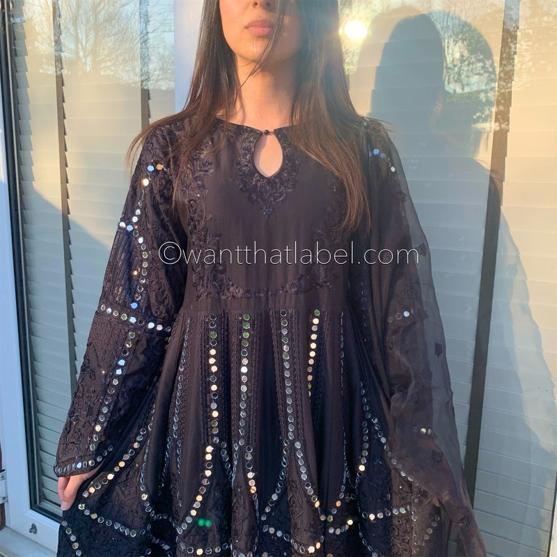 Karma Original Black Heavy Mirror Embroidered Maxi Dress Suit