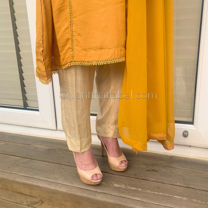 Sheesh Mahal Mustard Mirror Embroidered A-line Suit