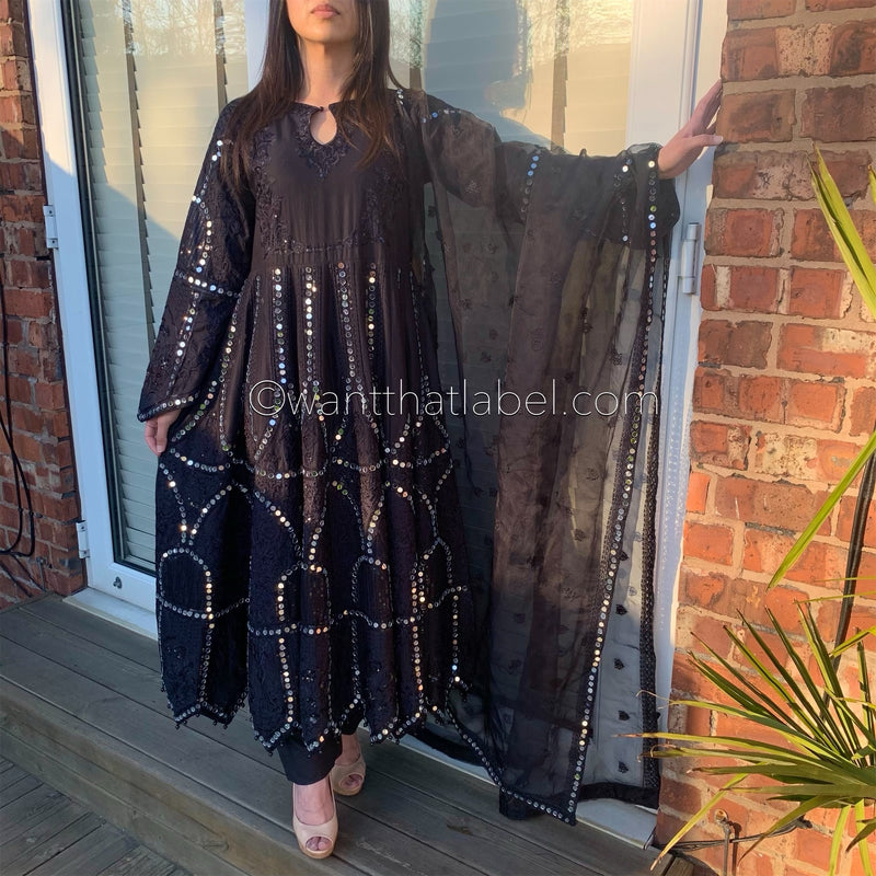 Karma Original Black Heavy Mirror Embroidered Maxi Dress Suit