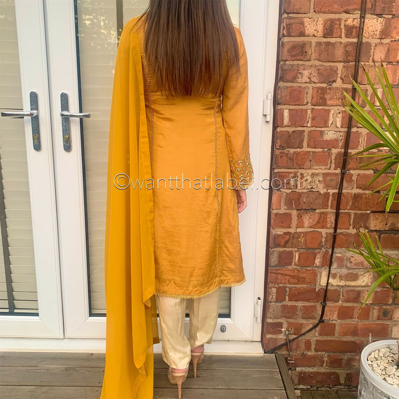 Sheesh Mahal Mustard Mirror Embroidered A-line Suit