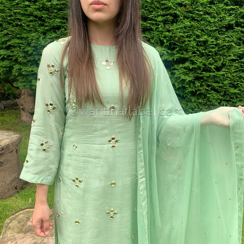 Sheesh Mahal Green Gold Mirror Embroidered Trouser Suit