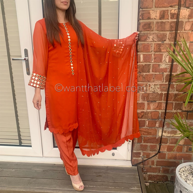 Sheesh Mahal Burnt Orange Mirror Embroidered Suit