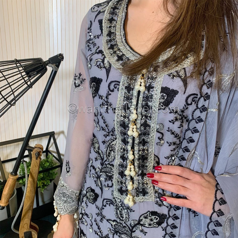 Maryams Inspired Ice Grey Heavily Embroidered Chiffon Suit