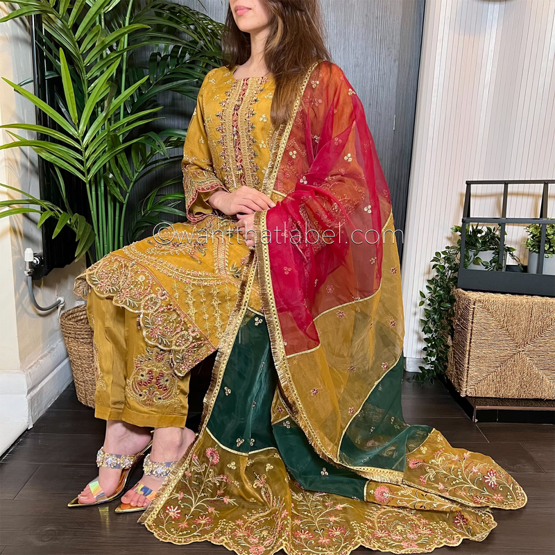 Mustard Heavily Embroidered Organza Suit