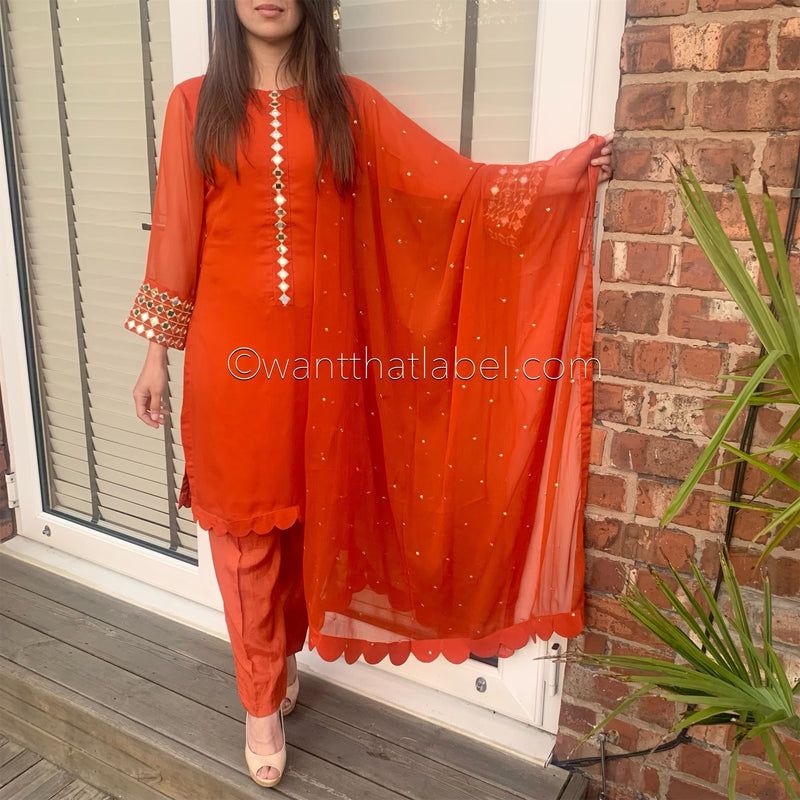 Sheesh Mahal Burnt Orange Mirror Embroidered Suit