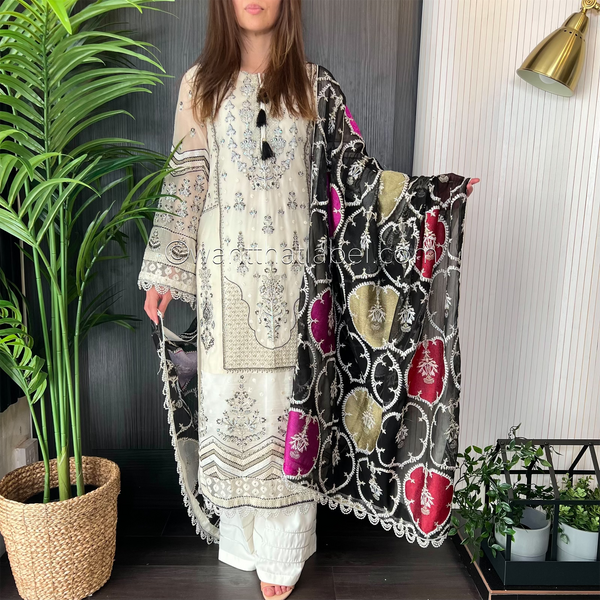 Anaya Inspired Ivory Black Heavily Embroidered Chiffon Suit