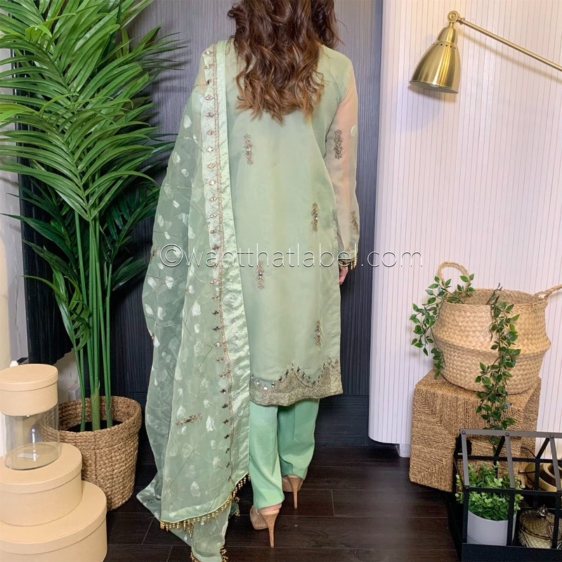 Green Heavily Mirror Embroidered Organza Suit