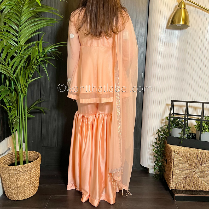Peach Heavily Beaded Peplum Garara Suit