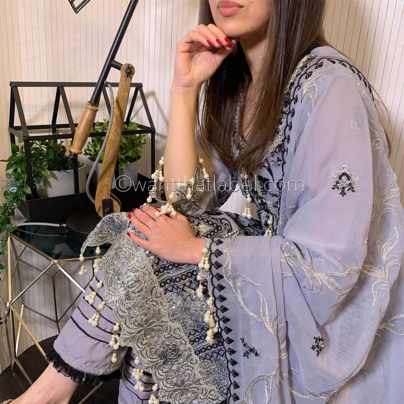 Maryams Inspired Ice Grey Heavily Embroidered Chiffon Suit