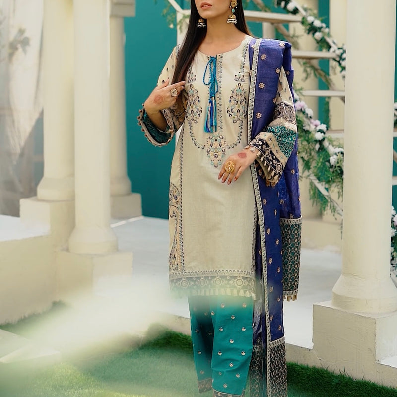 Karma Original Beige Blue Heavily Embroidered Kameez Suit